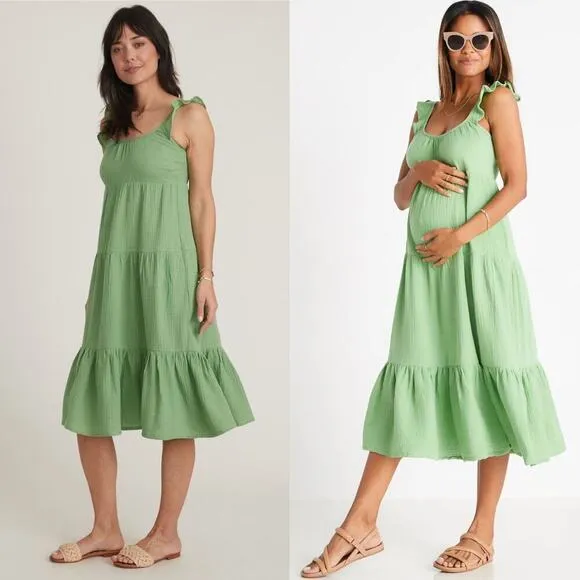 Marine Layer Jude Dress Flutter Sleeve Tiered Swing Midi Jade Sheen Green NWT M