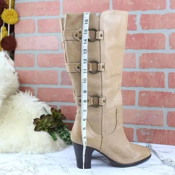Matisse Tan Leather Knee High Pull On Boots Metal Ring Accent Brown Size 8.5