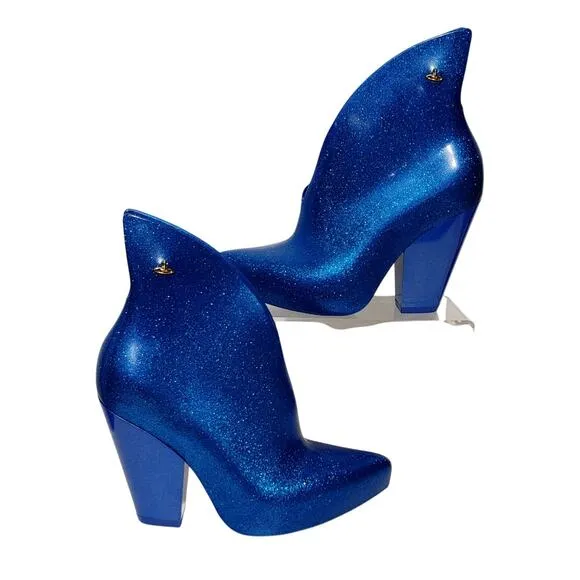 Melissa x Vivienne Westwood Satyr II Rain Boots Shimmer Blue Glitter Womens Sz 5