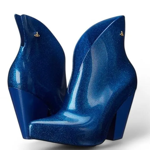Melissa x Vivienne Westwood Satyr II Rain Boots Shimmer Blue Glitter Womens Sz 5