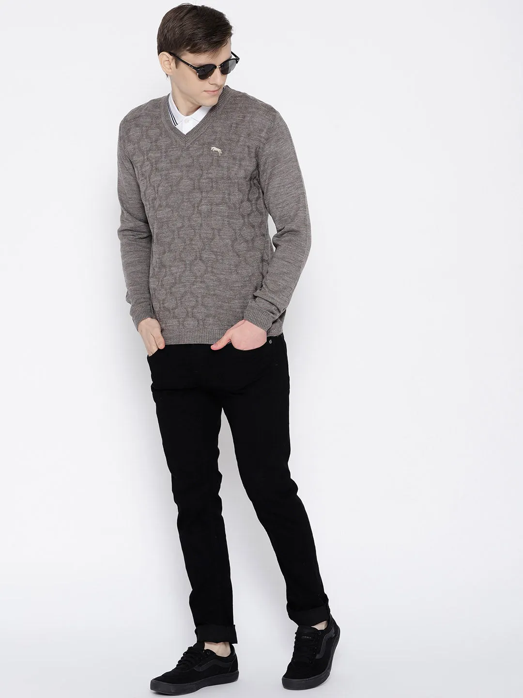 Men Beige self Design Pullover