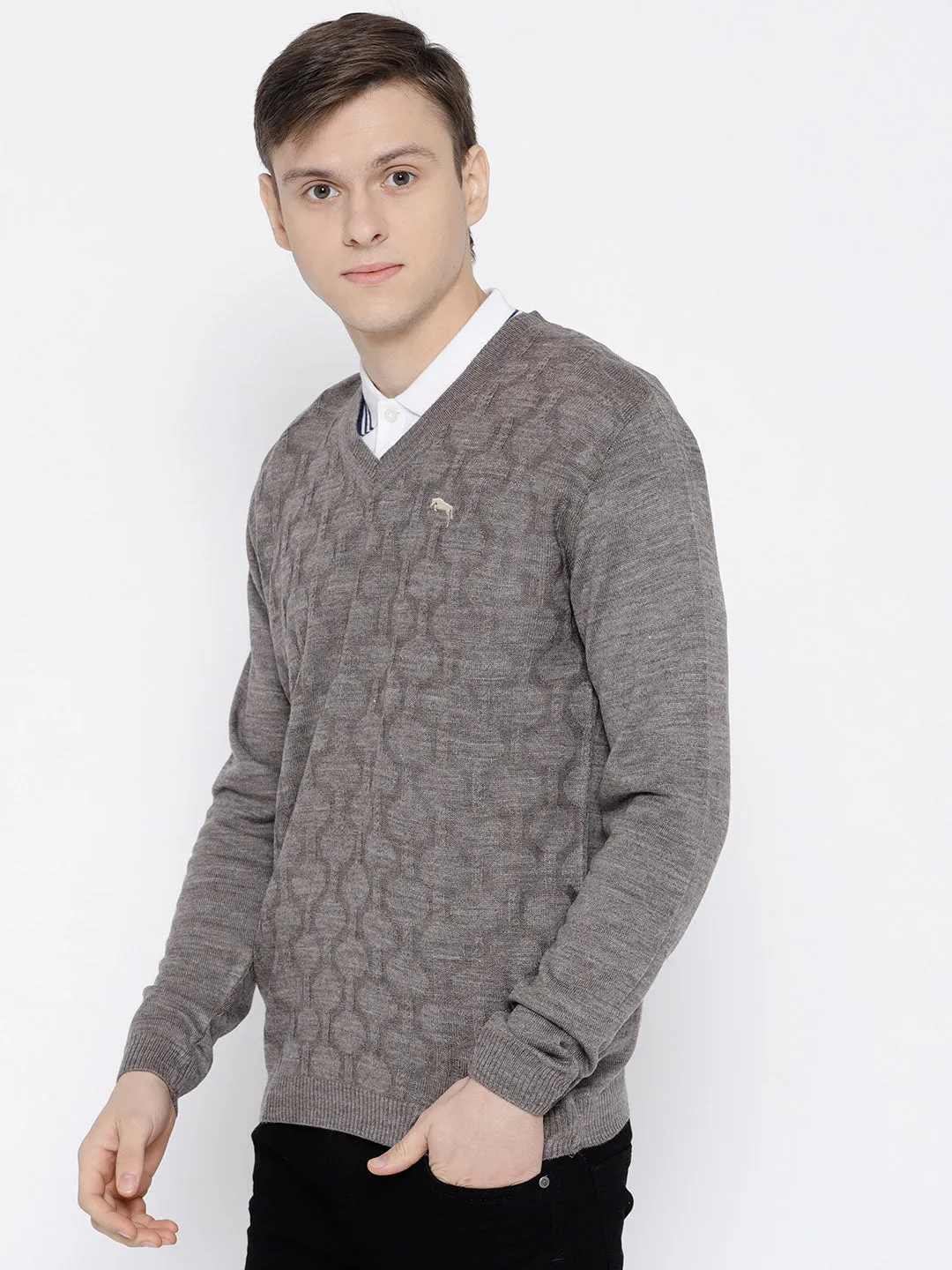 Men Beige self Design Pullover