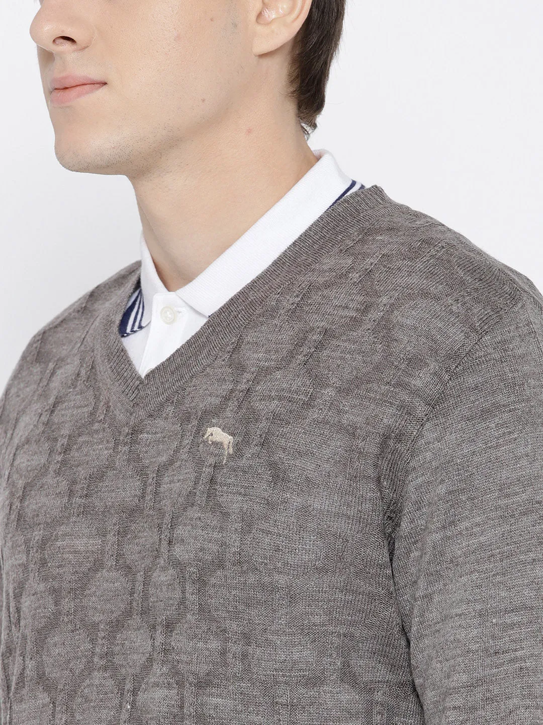 Men Beige self Design Pullover