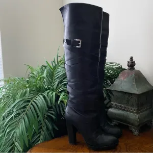 Michael Kors Knee High Greenwich Belted Black Leather Boots