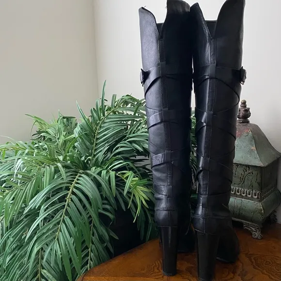 Michael Kors Knee High Greenwich Belted Black Leather Boots