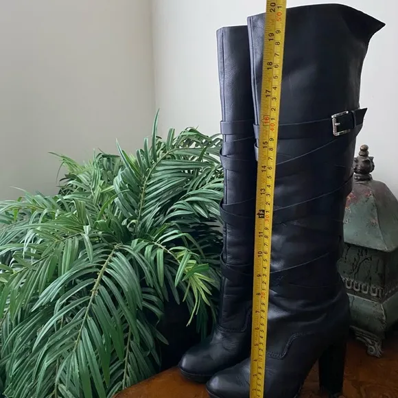 Michael Kors Knee High Greenwich Belted Black Leather Boots