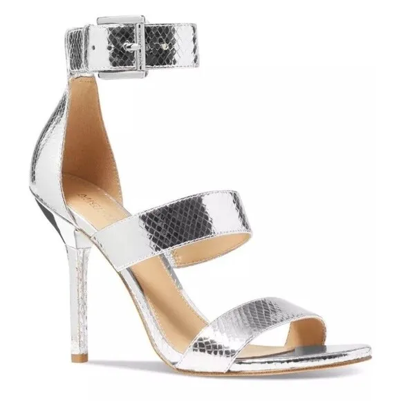 Michael Kors Women's Amal Metallic Snake Embossed Leather Sandal Silver, US 8 M