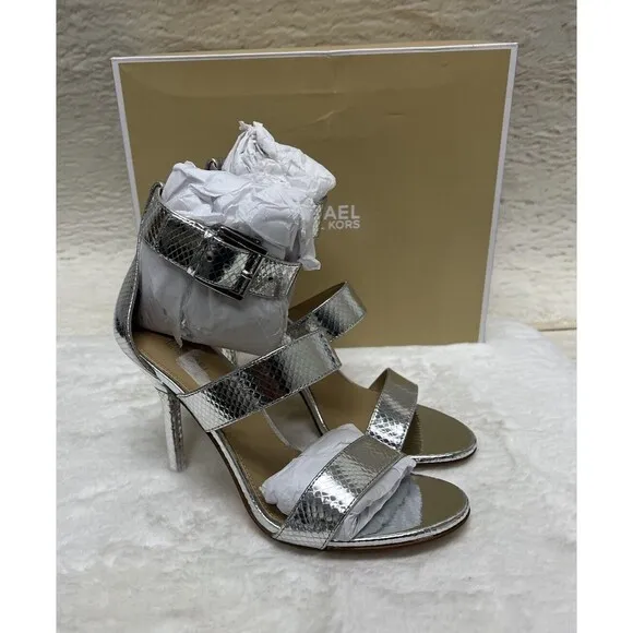 Michael Kors Women's Amal Metallic Snake Embossed Leather Sandal Silver, US 8 M