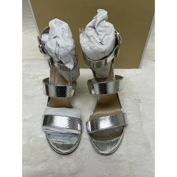 Michael Kors Women's Amal Metallic Snake Embossed Leather Sandal Silver, US 8 M