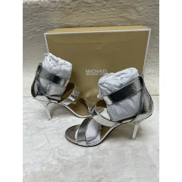 Michael Kors Women's Amal Metallic Snake Embossed Leather Sandal Silver, US 8 M