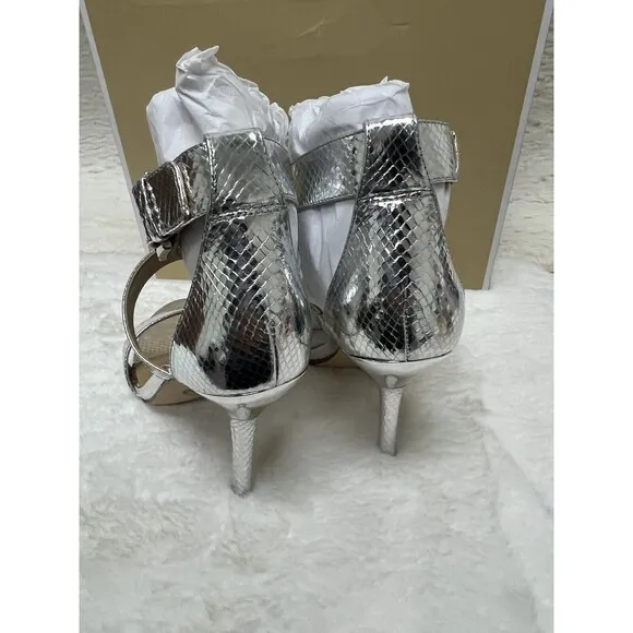 Michael Kors Women's Amal Metallic Snake Embossed Leather Sandal Silver, US 8 M