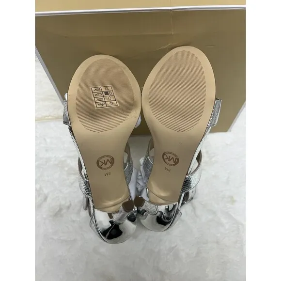 Michael Kors Women's Amal Metallic Snake Embossed Leather Sandal Silver, US 8 M