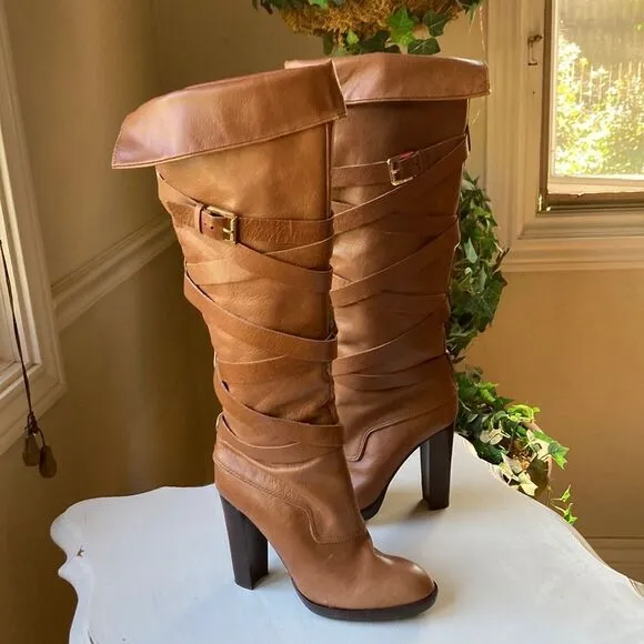 Michael Michael Kors Greenwich Belted Knee High Tan Wrapped Leather Boots Sz 5.5