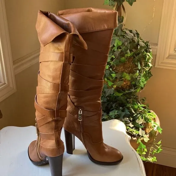 Michael Michael Kors Greenwich Belted Knee High Tan Wrapped Leather Boots Sz 5.5