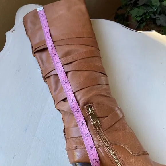 Michael Michael Kors Greenwich Belted Knee High Tan Wrapped Leather Boots Sz 5.5
