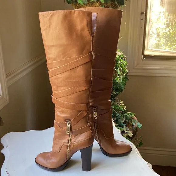 Michael Michael Kors Greenwich Belted Knee High Tan Wrapped Leather Boots Sz 5.5