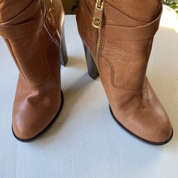 Michael Michael Kors Greenwich Belted Knee High Tan Wrapped Leather Boots Sz 5.5
