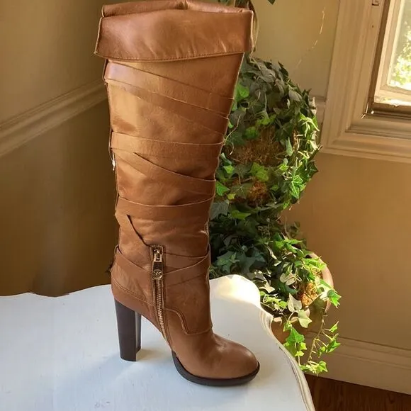 Michael Michael Kors Greenwich Belted Knee High Tan Wrapped Leather Boots Sz 5.5