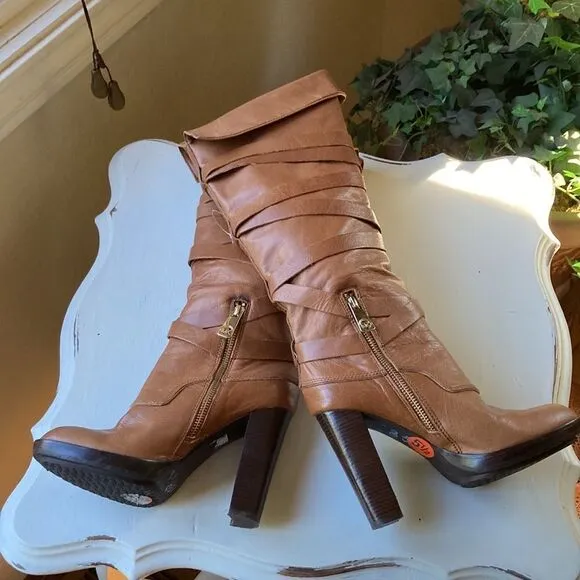 Michael Michael Kors Greenwich Belted Knee High Tan Wrapped Leather Boots Sz 5.5