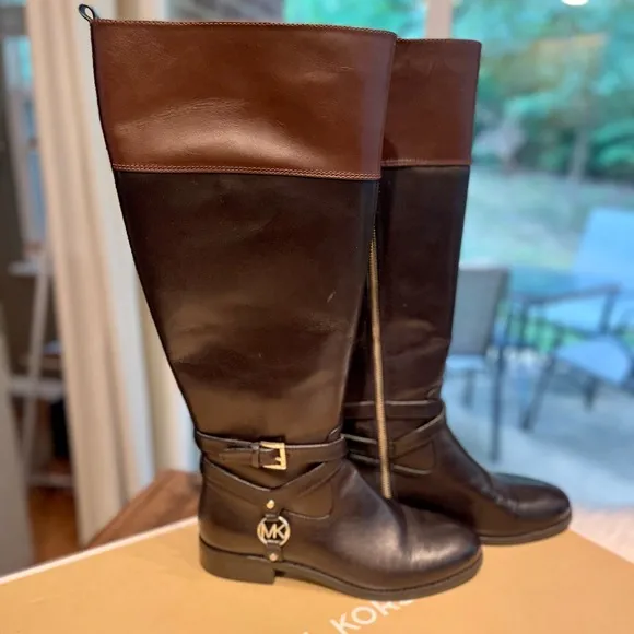 MICHAEL Michael Kors Preston Black Brown Knee High Leather Boots