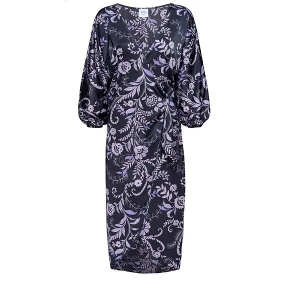 Misa Los Angeles Sylvia Faux Wrap Indigo Satin High Low Dress XS &amp; L NWT