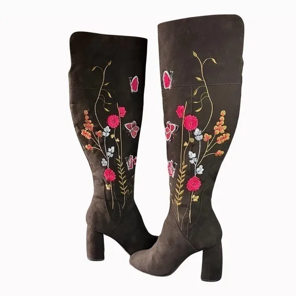 Nanette Lepore Lisette Over-the-knee Pull-On Boot Sz7M Black Suede, Embroidered