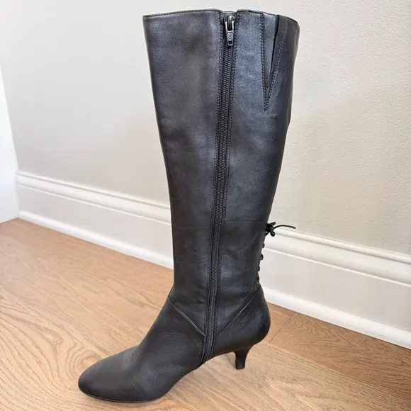 Naturalizer Dinka Black Leather Kitten Heel Knee-High Boots Size 8