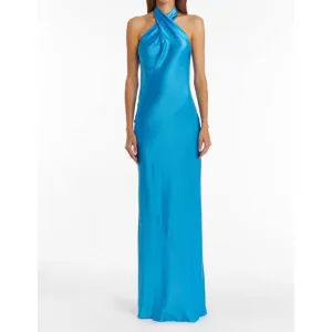 NEW AMANDA UPRICHARD jade silk maxi dress in blue