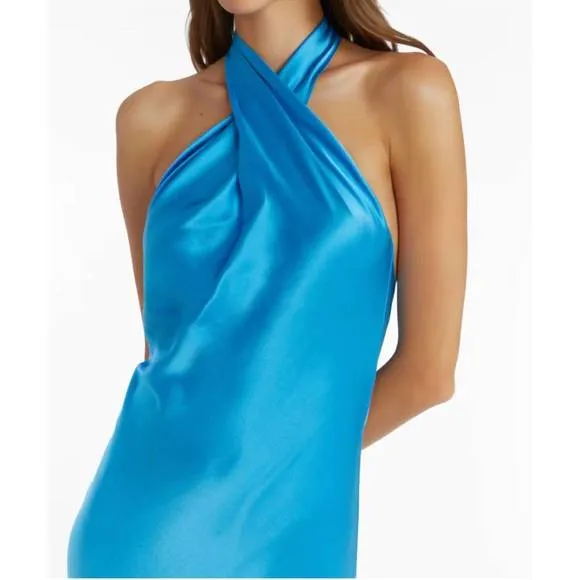 NEW AMANDA UPRICHARD jade silk maxi dress in blue
