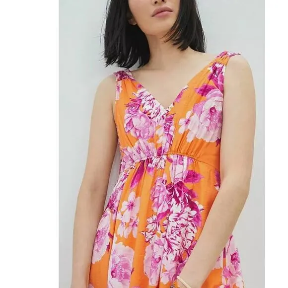 New Anthropologie Gathered Floral Maxi Dress $168  X-Small Orange V-neck Pockets