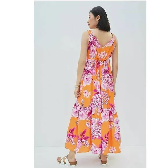 New Anthropologie Gathered Floral Maxi Dress $168  X-Small Orange V-neck Pockets