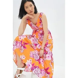 New Anthropologie Gathered Floral Maxi Dress $168  X-Small Orange V-neck Pockets