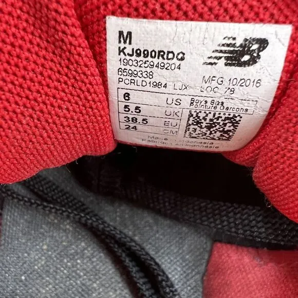 New Balance 990 Big Kids 6Y Women's Size 7.5 Red White‎ Athletic Shoes KJ990RDG