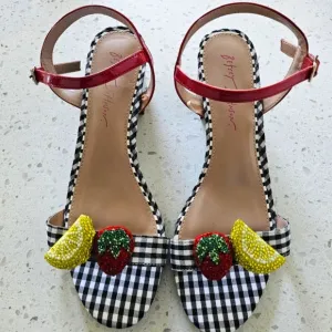 New Betsey Johnson Women's Malian Black Checkered Fruit Sandal sz 9.5 NWOB