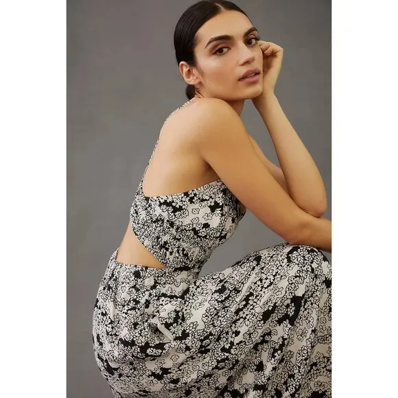New By Anthropologie Floral Printed Midi Dress LINEN $170 X-SMALL Black