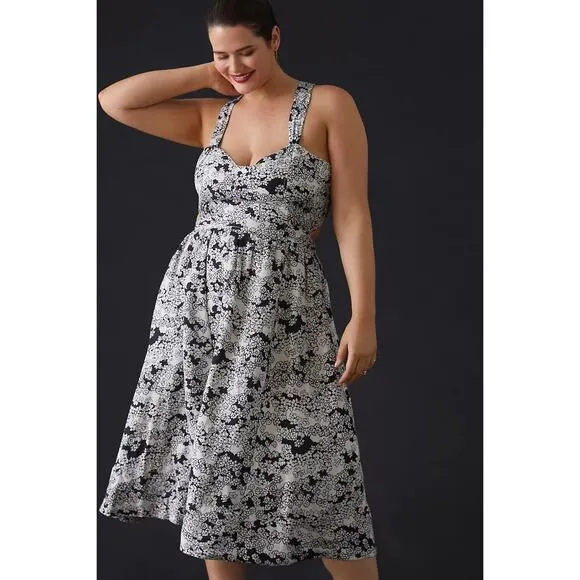 New By Anthropologie Floral Printed Midi Dress LINEN $170 X-SMALL Black