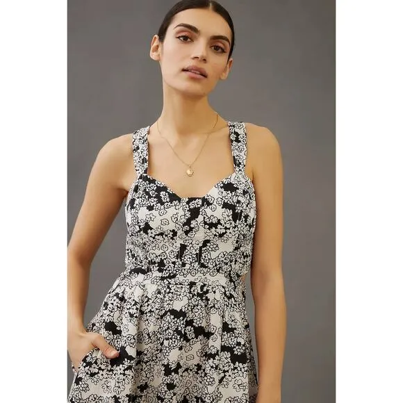 New By Anthropologie Floral Printed Midi Dress LINEN $170 X-SMALL Black