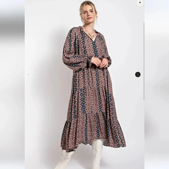 New! Easel Paisley Printed Long Sleeve Gauze Maxi Dress L