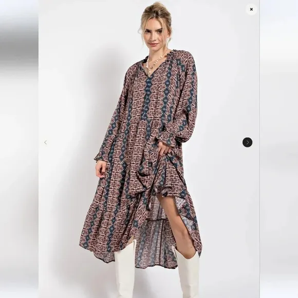 New! Easel Paisley Printed Long Sleeve Gauze Maxi Dress L