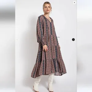 New! Easel Paisley Printed Long Sleeve Gauze Maxi Dress L