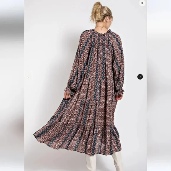 New! Easel Paisley Printed Long Sleeve Gauze Maxi Dress L