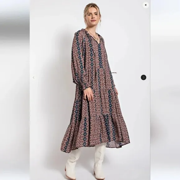 New! Easel Paisley Printed Long Sleeve Gauze Maxi Dress L