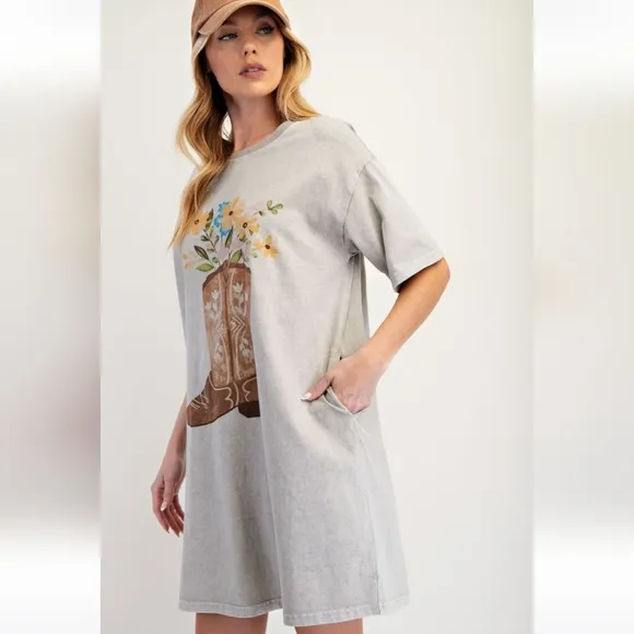 New Easel Western Boho Boots Floral Mineral Washed T-Shirt Dress Stone Ash