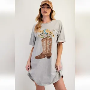 New Easel Western Boho Boots Floral Mineral Washed T-Shirt Dress Stone Ash