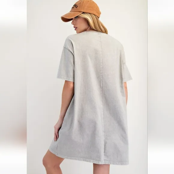 New Easel Western Boho Boots Floral Mineral Washed T-Shirt Dress Stone Ash