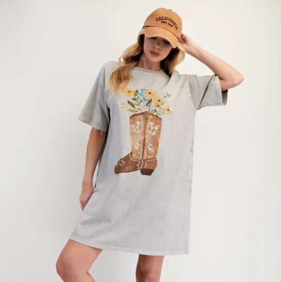 New Easel Western Boho Boots Floral Mineral Washed T-Shirt Dress Stone Ash