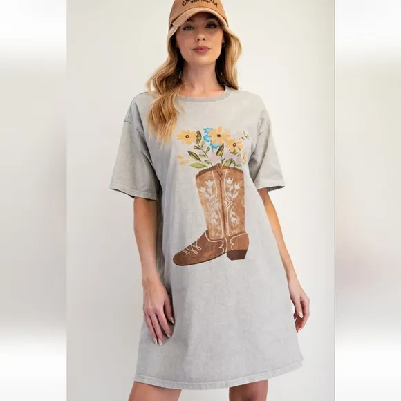 New Easel Western Boho Boots Floral Mineral Washed T-Shirt Dress Stone Ash