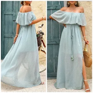 NEW Flowy Sheer Lace Off Shoulder Split Maxi Dress Green