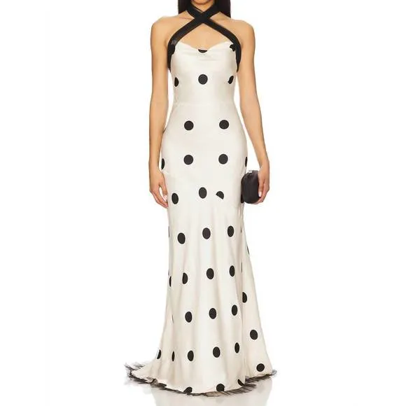 NEW FOR LOVE &amp; LEMONS dorothy dot halter neck gown in white