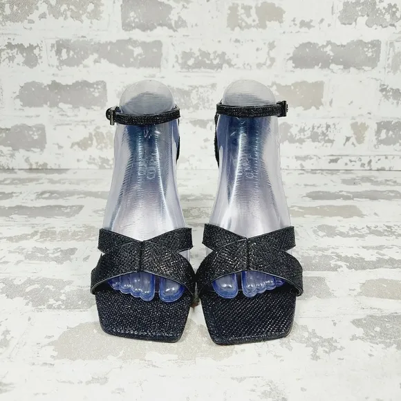 New Franco Sarto Rania 2 Black Faux Leather Stiletto Heel Sandals V586